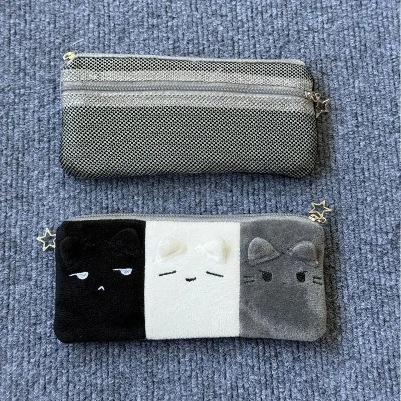 1Pcs Black White And Gray Kitten Pencil Case Plush Cute Cat Storage Bag Large Capacity Cartoon Stationery Case For Student Zpaxo