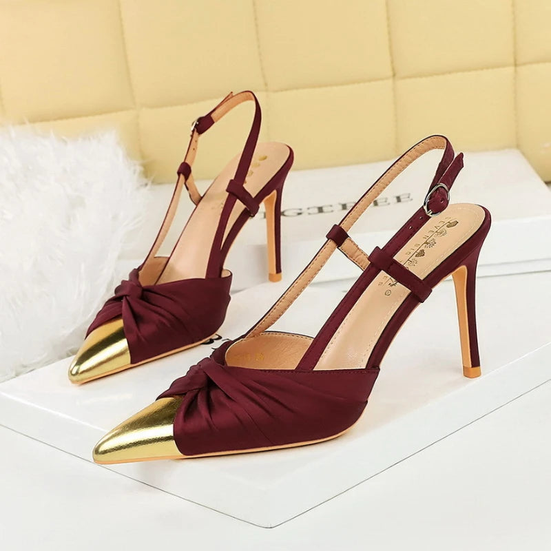 Summer Banquet Heels Thin Satin Bow Color-blocked Pointed Toe Women's Zpaxo 312-5 Wine Red 40 China Mainland