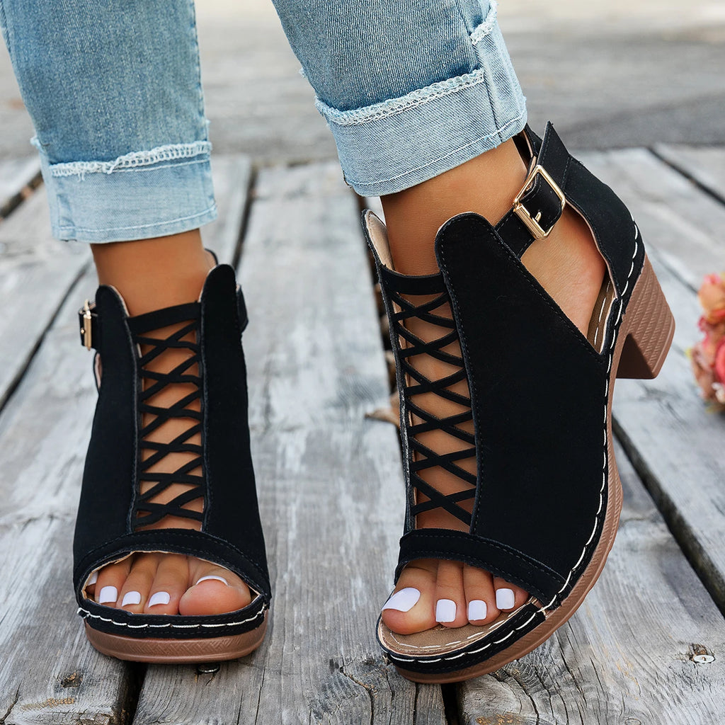 2025 New Women Chunky Heeled Sandals Outdoor High Heels Sandals Retro Peep Toe Cut-out Buckle Strap Shoes Women Zapatos De Mujer Zpaxo