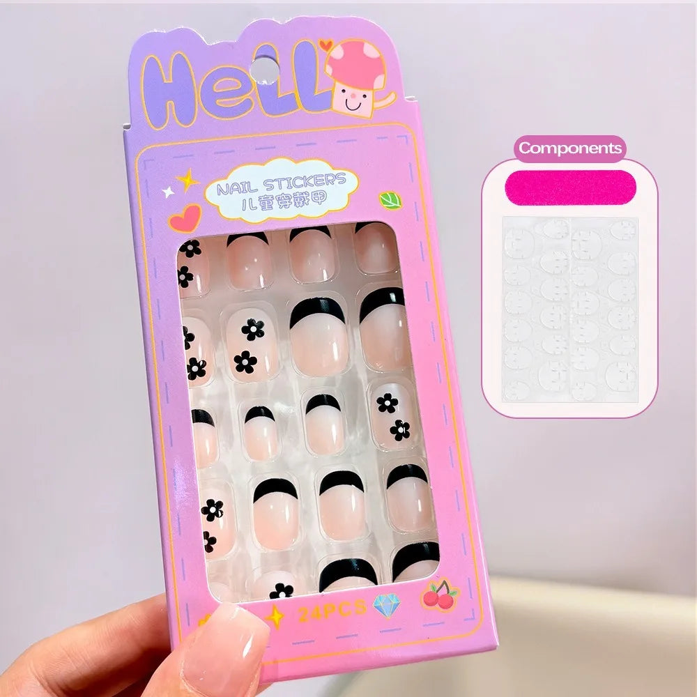 Box Cartoon Press Nails French Black Flower Tips False Almond-shaped Zpaxo Style-A
