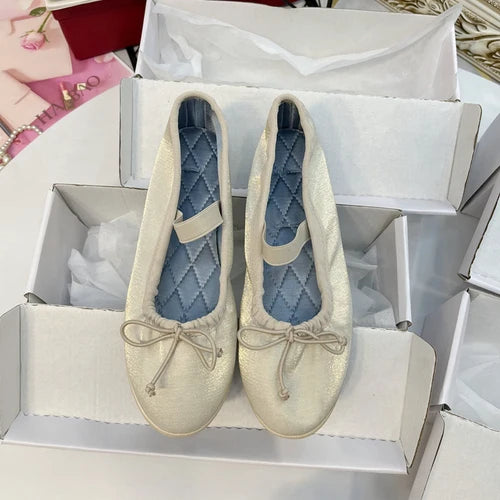 Flat Shoes for Women's Spring Summer Silk Bow Ballet Shoes Women's Round Toe Student Flat Bottom Mary Jane Shoes Lolita Shoes Zpaxo beige 37