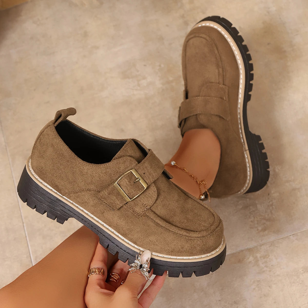 Women Loafers British Style Women Flat Shoes Casual Retro Leisure Round Toe Sneakers Women Spring Autumn Thick Bottom Shoes Zpaxo Brown 37