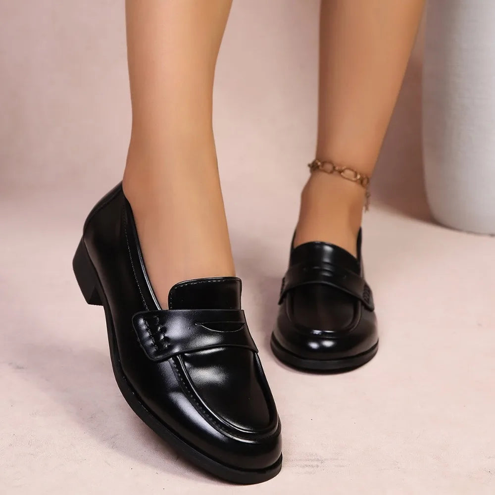 Elegant Black Pu Leather Flats Women 42 Comfortable Low Heel Loafers