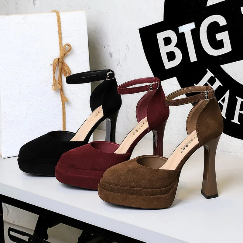 Korean Version Air-quality Shallow Mouth Round Toe Suede Heels Thick Zpaxo