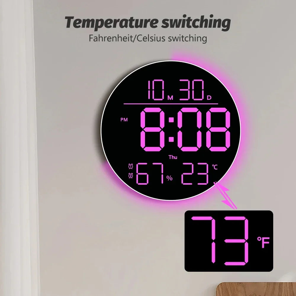 LED Multi-function RGB Wall Light Clock Date Temperature Display Auto Zpaxo