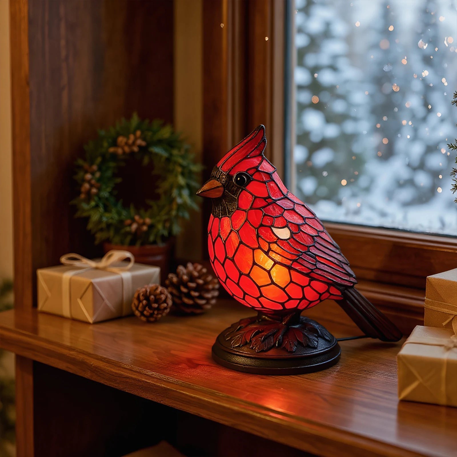 Christmas Art Decor Light Red Bird Table Lamp Night Bedside Bedroom