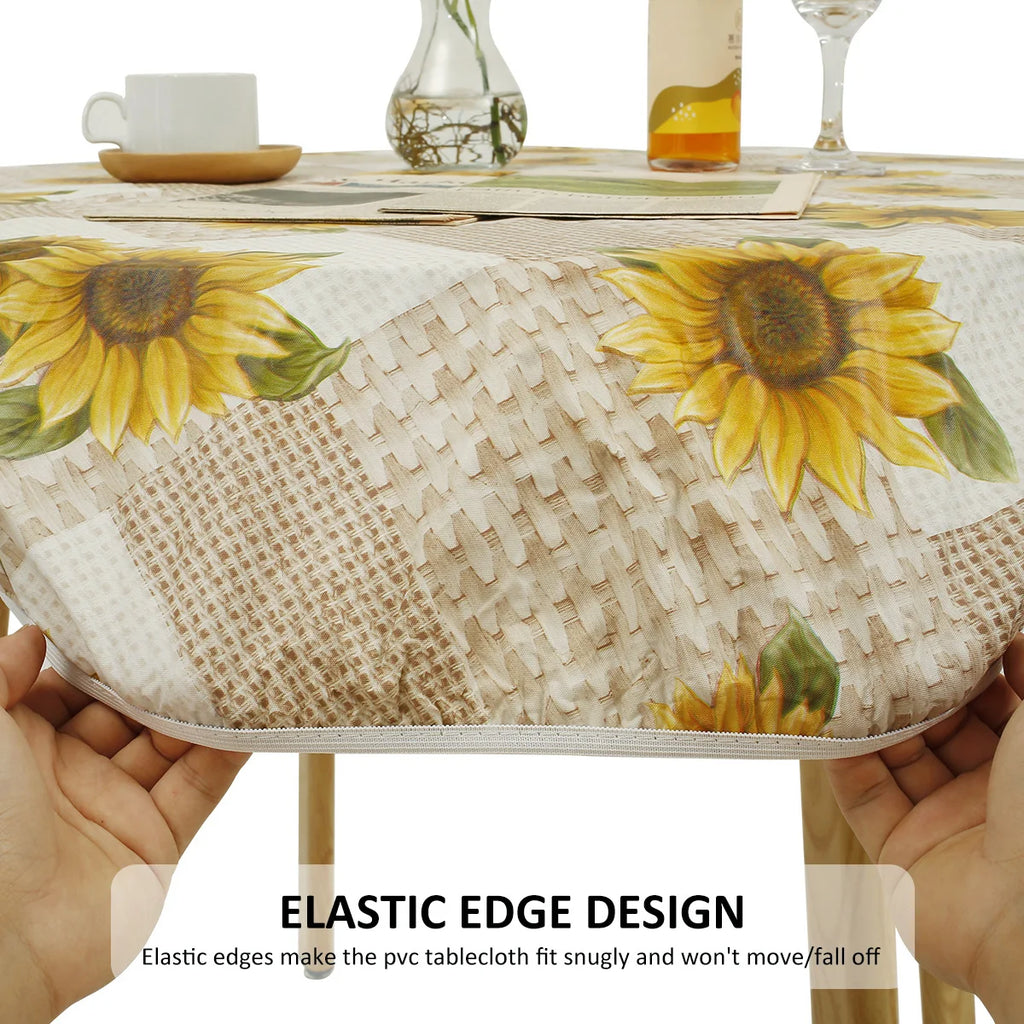 Waterproof Round Tablecloth Elastic Fixation Edged PVC Table Cover Flannel Backed Table Pad Oil-Proof for Dining Table Kitchen Zpaxo