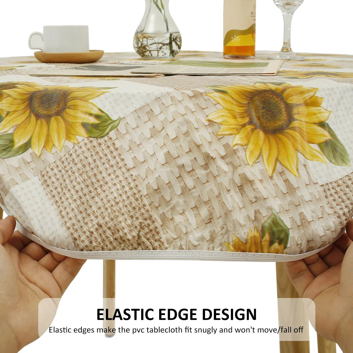 Waterproof Round Tablecloth Elastic Fixation Edged PVC Table Cover Flannel Backed Table Pad Oil-Proof for Dining Table Kitchen Zpaxo