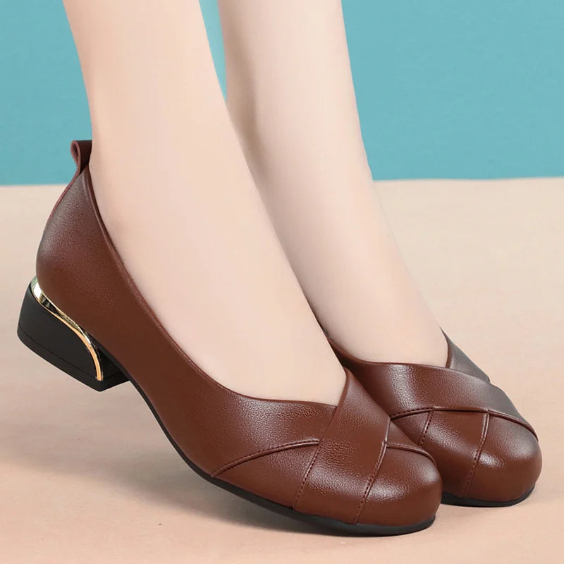 Low Leather Shoes Lady 2023 Suit Female Beige Low-heeled High-heeled Zpaxo Brown 41(Foot 25.5cm) China Mainland