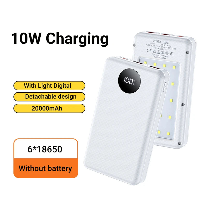 18650 Battery Holder 22.5W Fast Charging DIY Mobile Power Case With LED Light Outdoor Dual USB Type C Charge For iPhone Xiaomi Zpaxo White