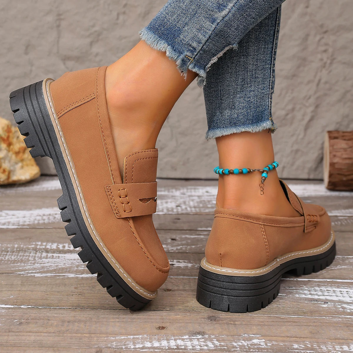 Women Outdoor Platform Loafers Thick Heel Slip on Shoes Spring Autumn British Style Shoes Woman Comfortable Flats Sneakers Women Zpaxo Brown 38