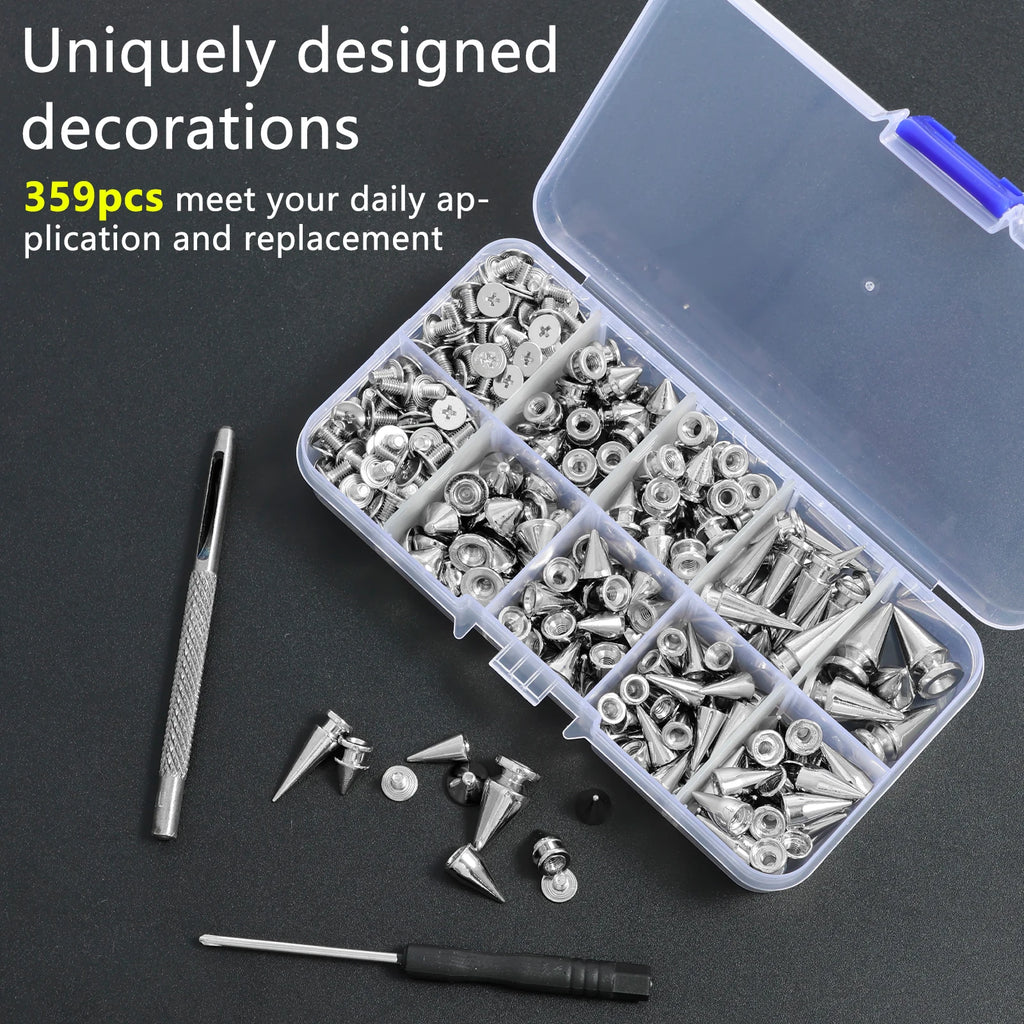 359PCS Round Cone Spikes Catalpa Alloy Screwback Punk Rivet Screw Back Studs and Spikes Kit DIY Clothes Leather Craft Accessorie Zpaxo