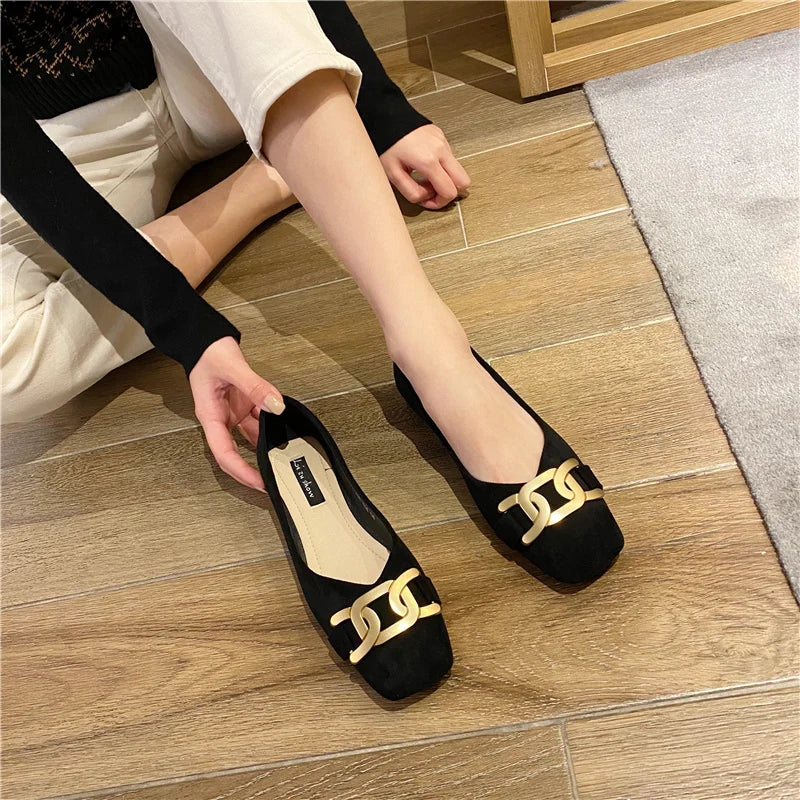 Flat Shoes Women's Square Toe New Spring Summer Fashion Shallow Metal Buckle Plaid Suede Ladies Shoes Women Plus Size 44 45 46 Zpaxo