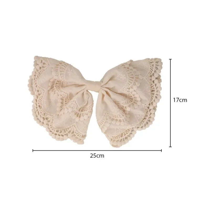 Beige Floral Embroidered Lace Bow Hair Clip Sweet Fashionable Girls