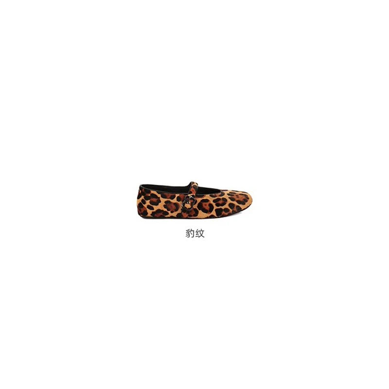 Women Spring Leopard Print Round Toe One Strap Mary Jane Flats Cute Zpaxo