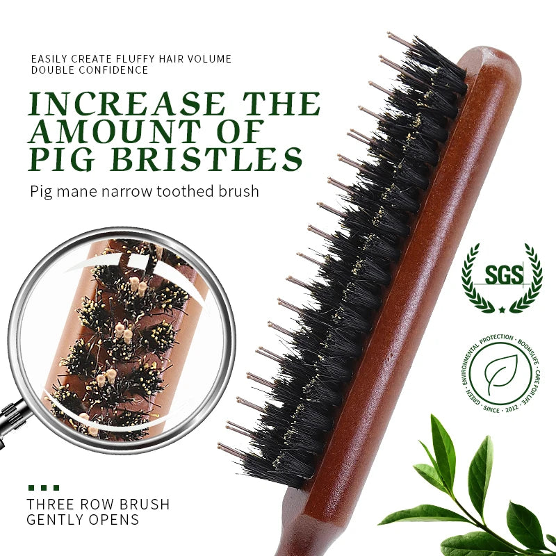 Custom Logo Boar Bristle Hair Brush Salon Teasing Back Fluffy Comb Wood Slim Line Hairbrush Extension Hairdressing Styling Tools Zpaxo