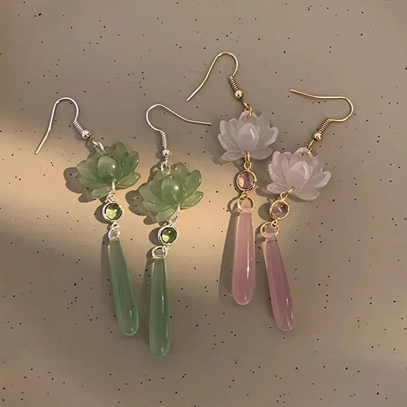 Chic Chinese Inspired Lotus Pendant Tassel Earrings Women Zpaxo