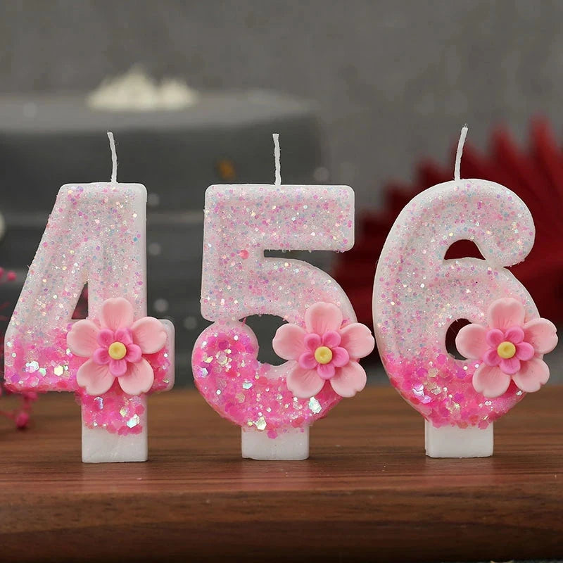 Creative Birthday Candles Pink Gradient Glitter Flower Number Cake