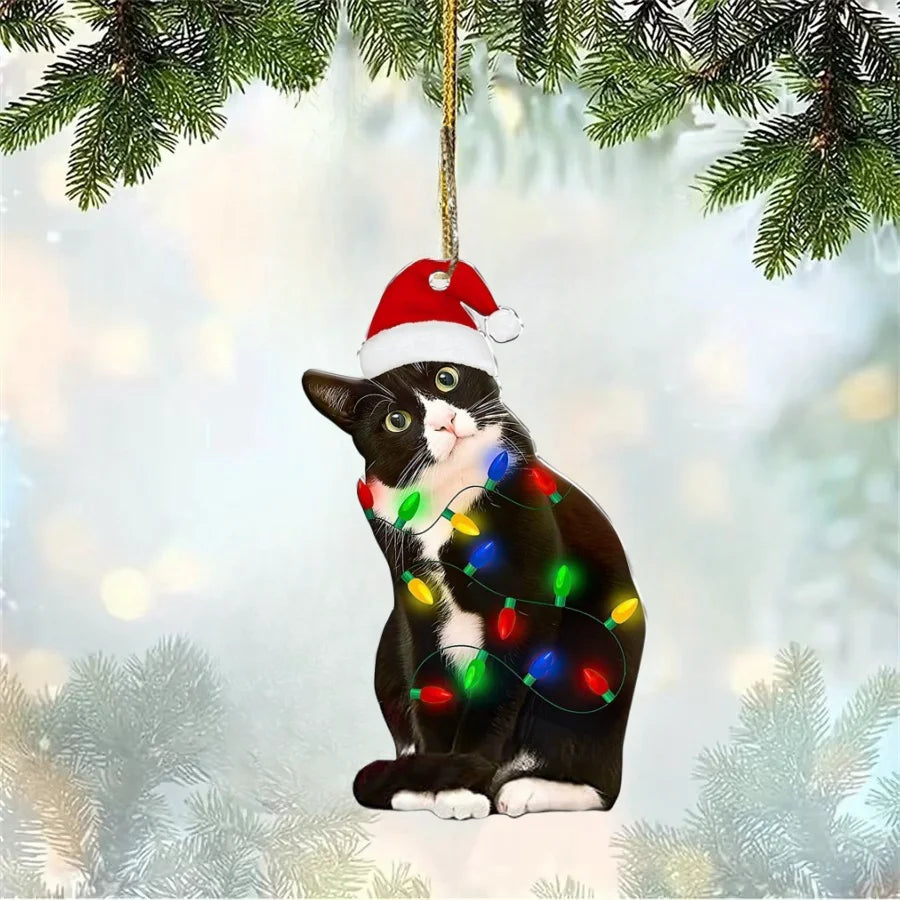 Black Cat Christmas Ornament – 2D Acrylic Hanging Xmas Decor