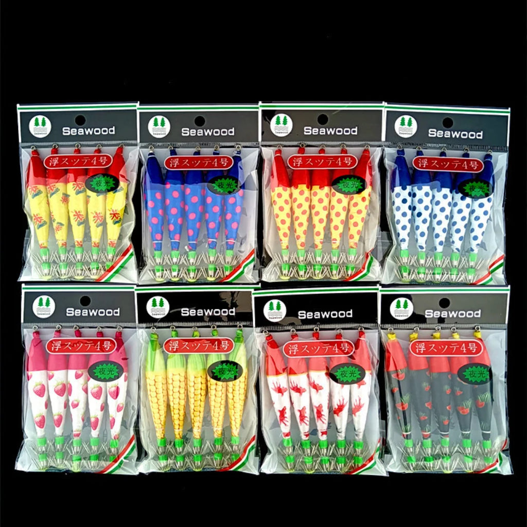 5-Pack Luminous Squid Jig Lures Size 4.0 – Multi-Color Octopus Hooks