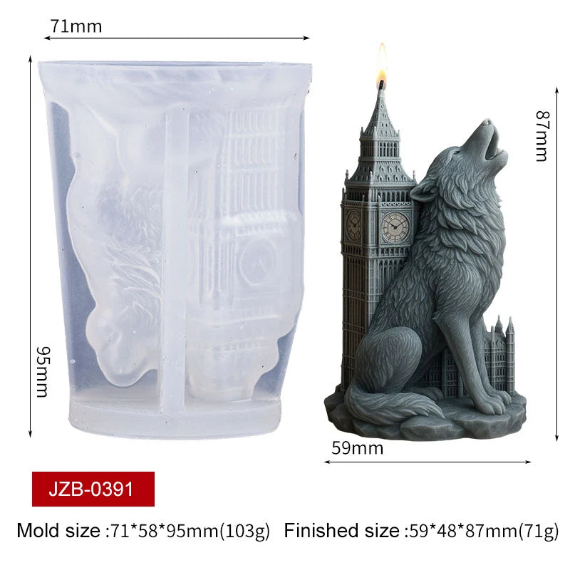3D Wolf Big Ben Indian Elephant Taj Mahal Lion Colosseum Tiger Candle Silicone Mold DIY Soap Aroma Gypsum Craft Mold Home Decor Zpaxo Wolf