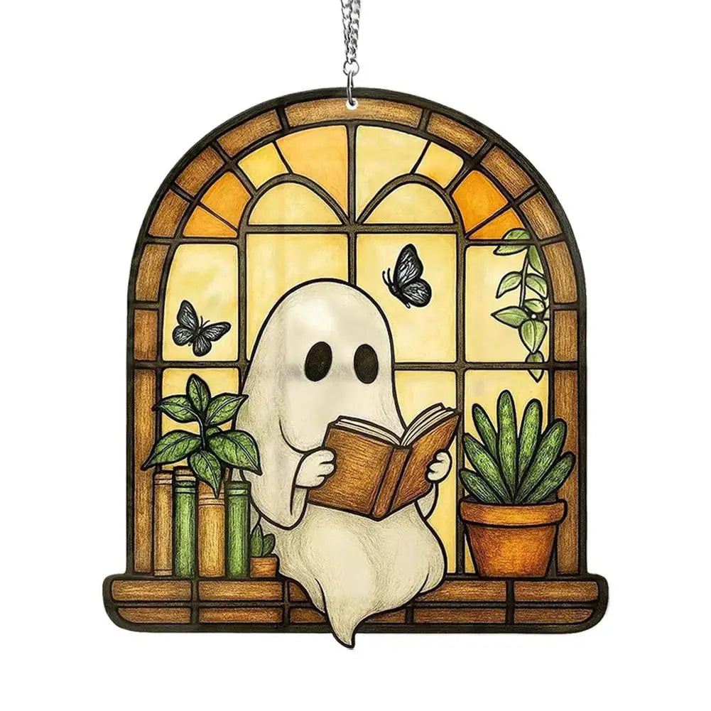 Ghost Reading Book Acrylic Suncatcher Window Ornament | Spooky Window Suncatcher Zpaxo G