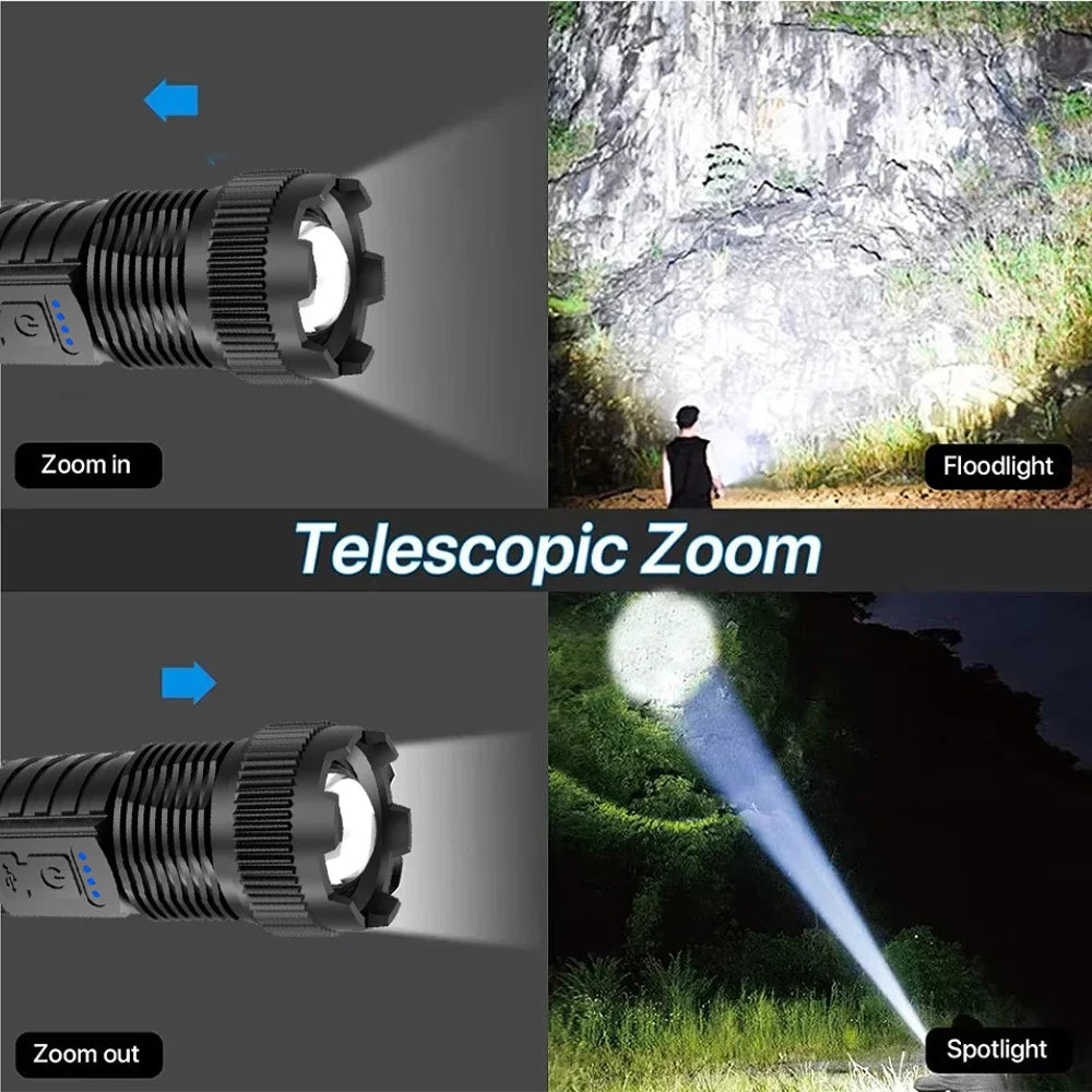KDULIT 2000LM LED Tactical Flashlight – Type-C Rechargeable Zoom