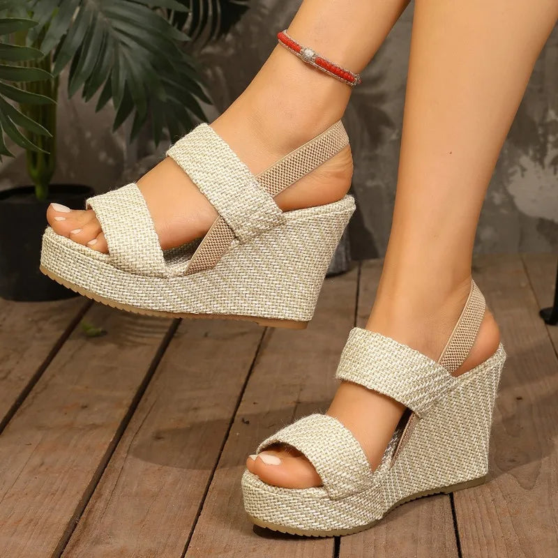 Women's Round Open Toe Vintage Solid Wedge Heel Sandals Women Hollow Zpaxo