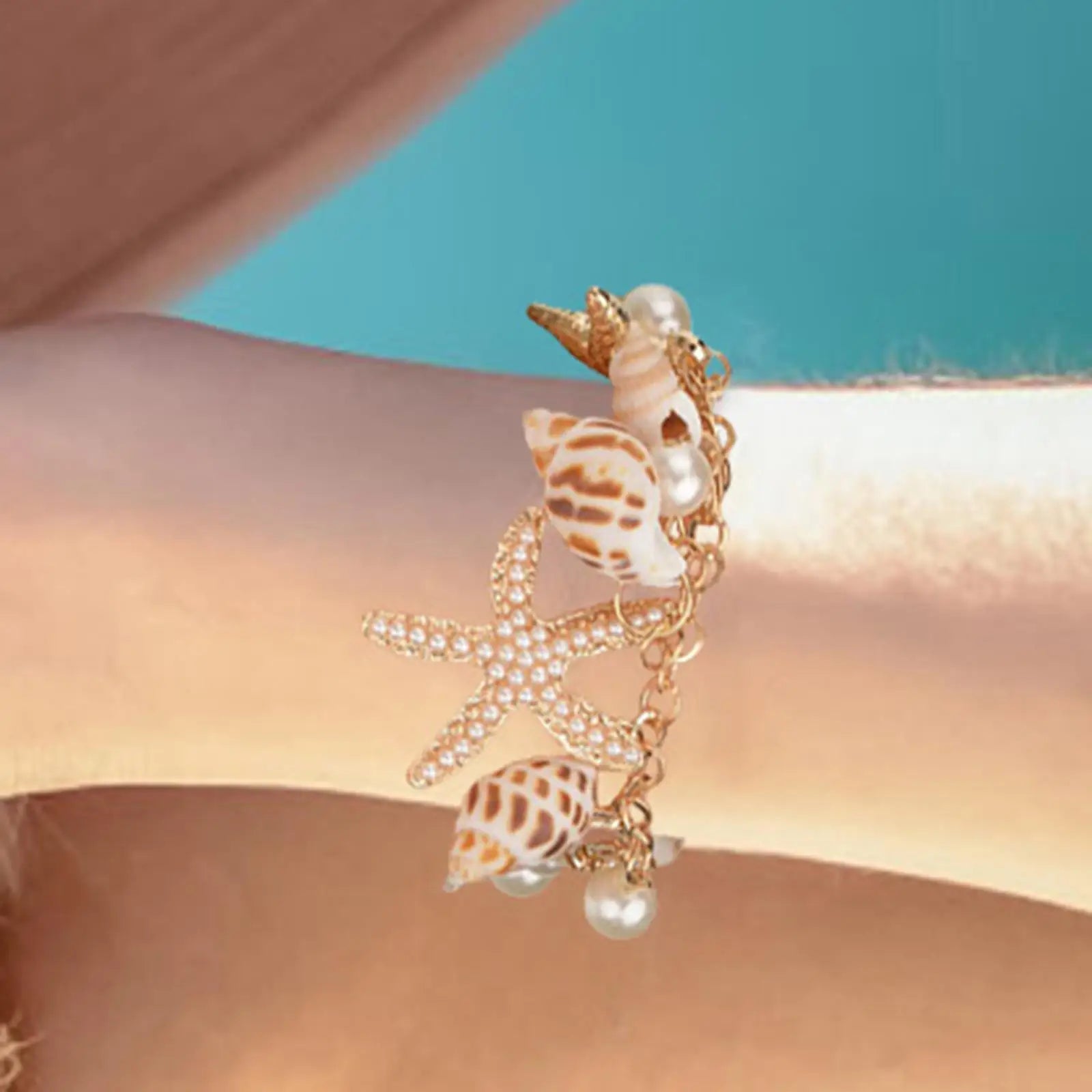 Gold Metal Starfish Conch Charm Women Bracelet Imitation Pearl