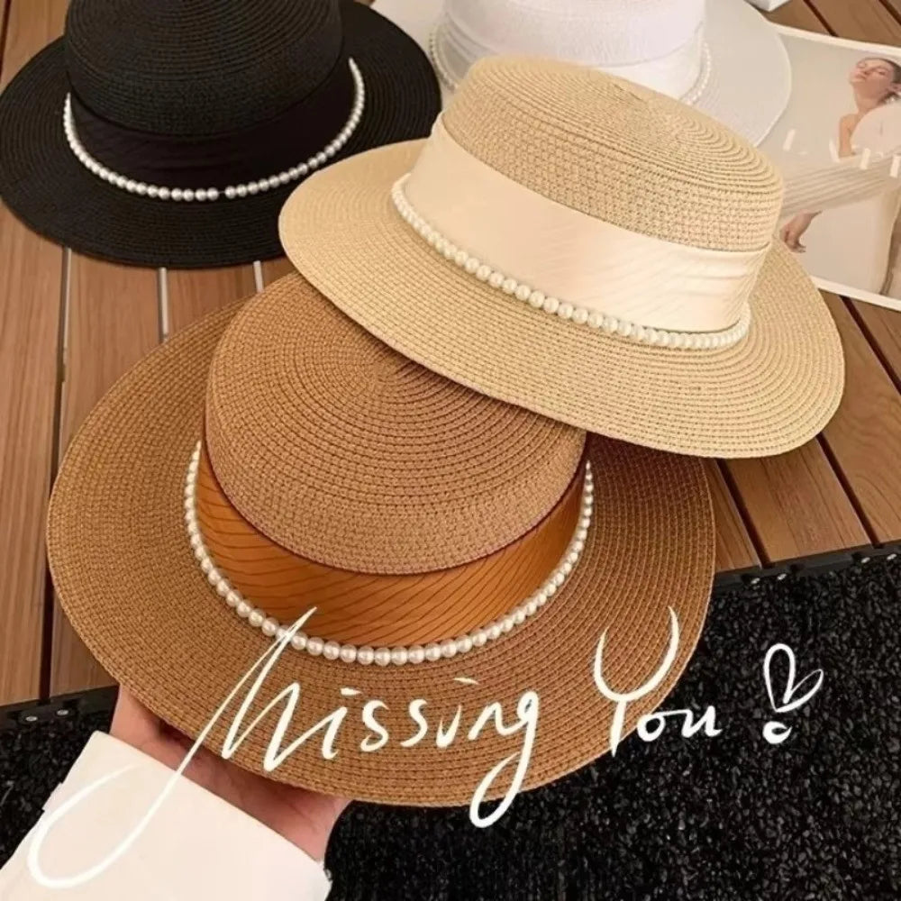 French Hepburn Style Straw Hat Straw Weaving UV Protection Pearl Chain Hat Solid Color Breathable Wide Brim Hat Travel Accessory Zpaxo