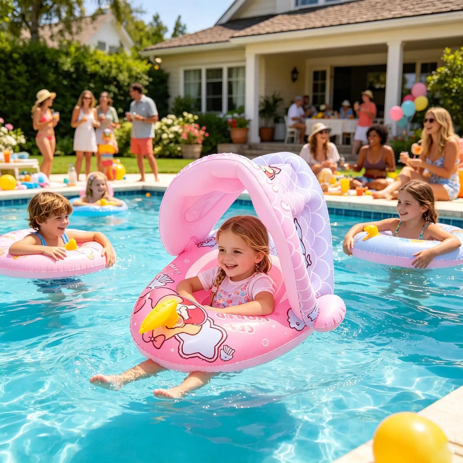 Kids Swimming Pool Floats Sun Protection Inflatable Ring With Canopy Kids Swimming Float For Bath Beach Tub Shower Summer Zpaxo