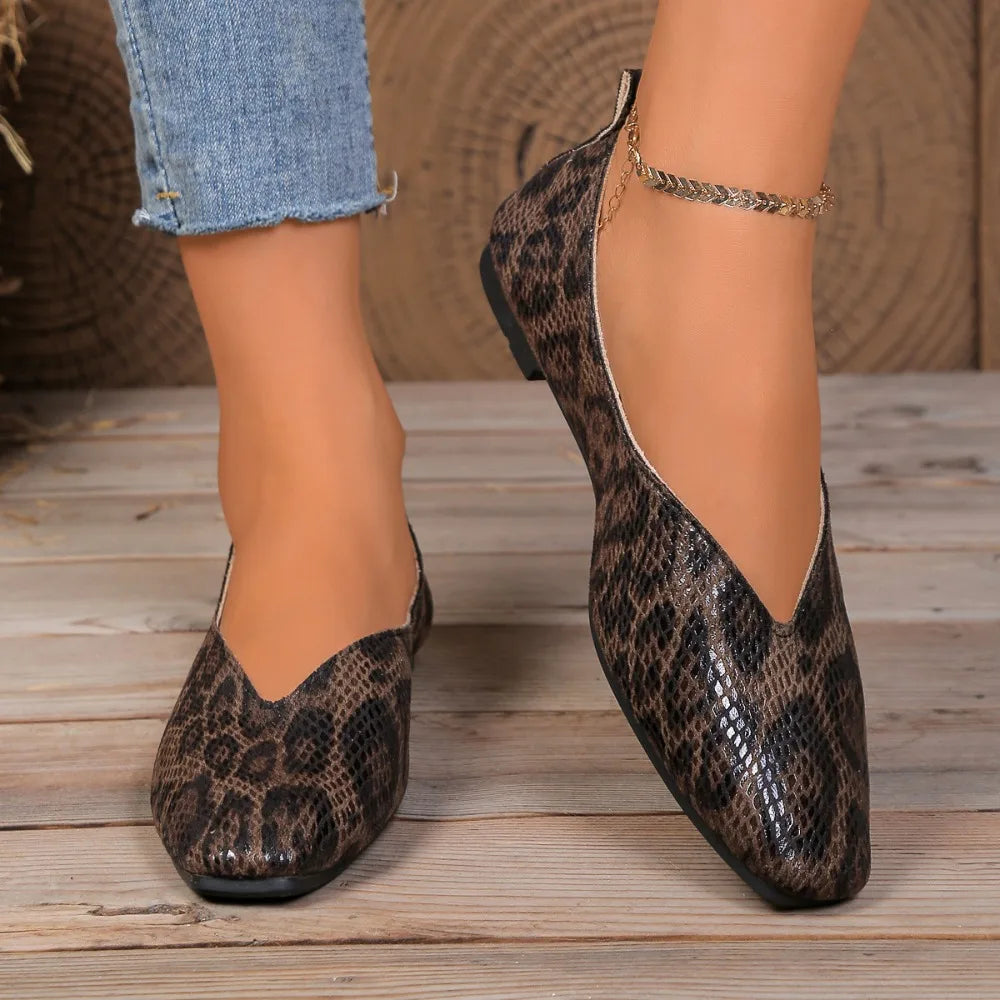 Big 35-43Snake Pattern Leather Woman Square Toe Shallow Ballet Flats