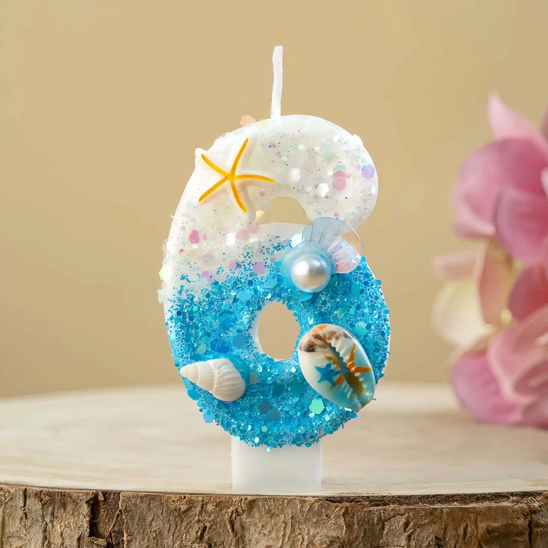 Ocean-themed Blue White Glitter Number Birthday Candles Seashell Zpaxo number 6 B15040G