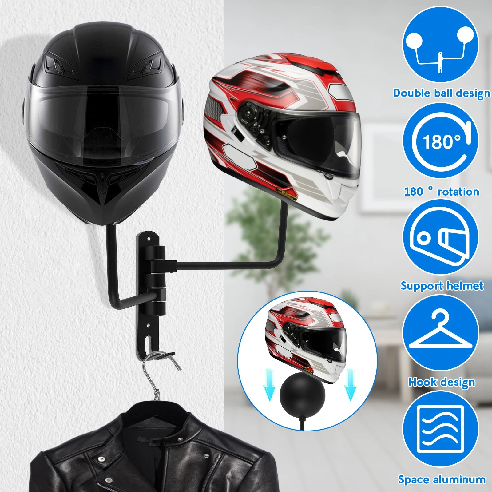 2PCS Single/Dual-Ball Motorcycle Helmet Holder Wall Mount Bike Helmet Rack 180°Rotation Helmet Hanger Steel with Hook Metal Rack Zpaxo