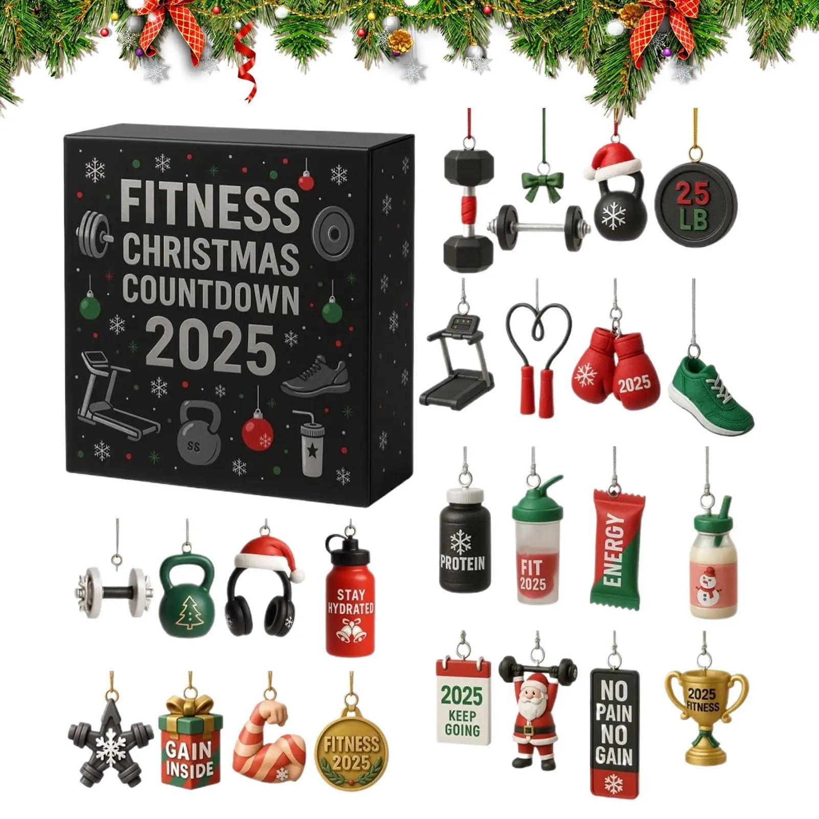 Christmas Countdown Calendar 2025 Fitness Gym Theme 24 Days 2D Acrylic Ornaments for Christmas Tree Decorations Party Supplies