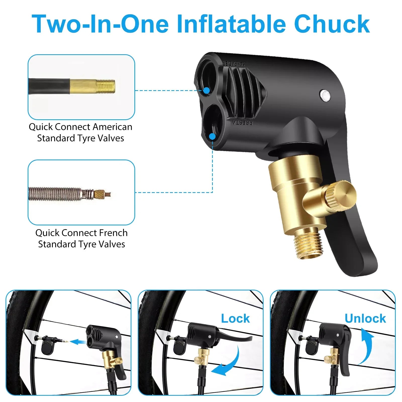 2-in-1 Deflateable Air Chuck Portable Tire Pump Nozzle Hose Inflator
