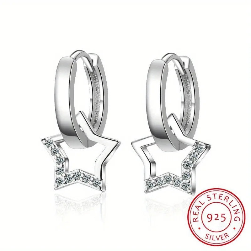 Real 925 Sterling Silver Hollow Star Hoop Earrings Small Creole Women