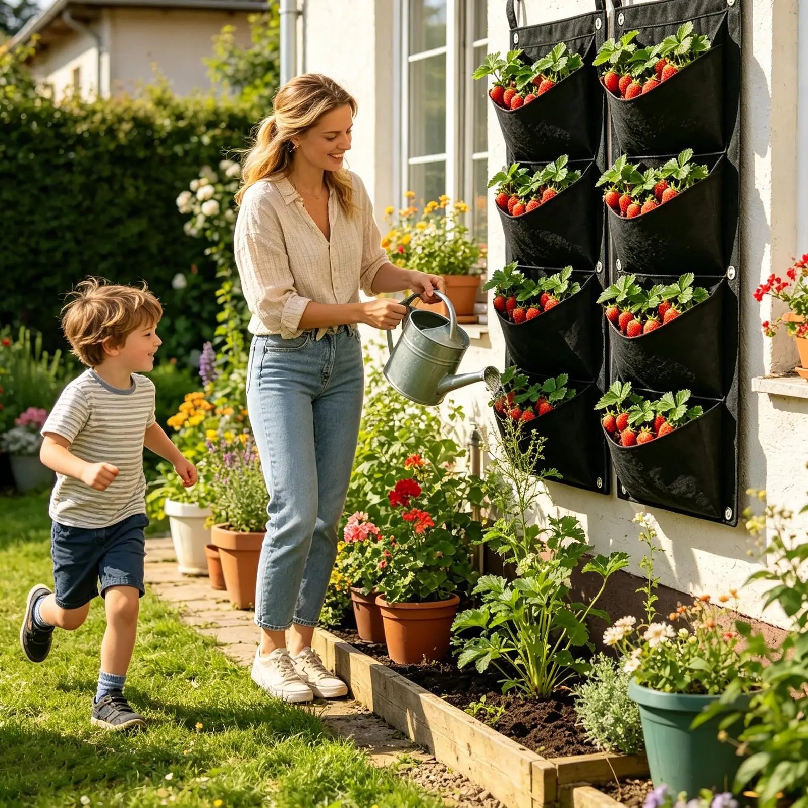 Strawberry Grow Bags Felt Pots Upside Down Strawberries Fence Wall