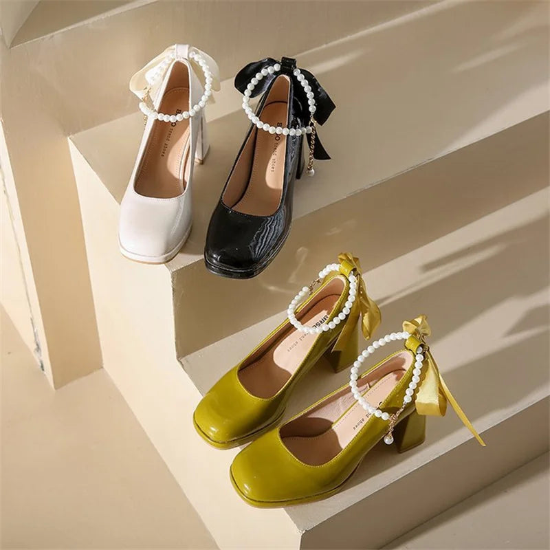 Ladies Heels Elegant Bow Square Toe Black Fashion Women's Pumps Thick Zpaxo