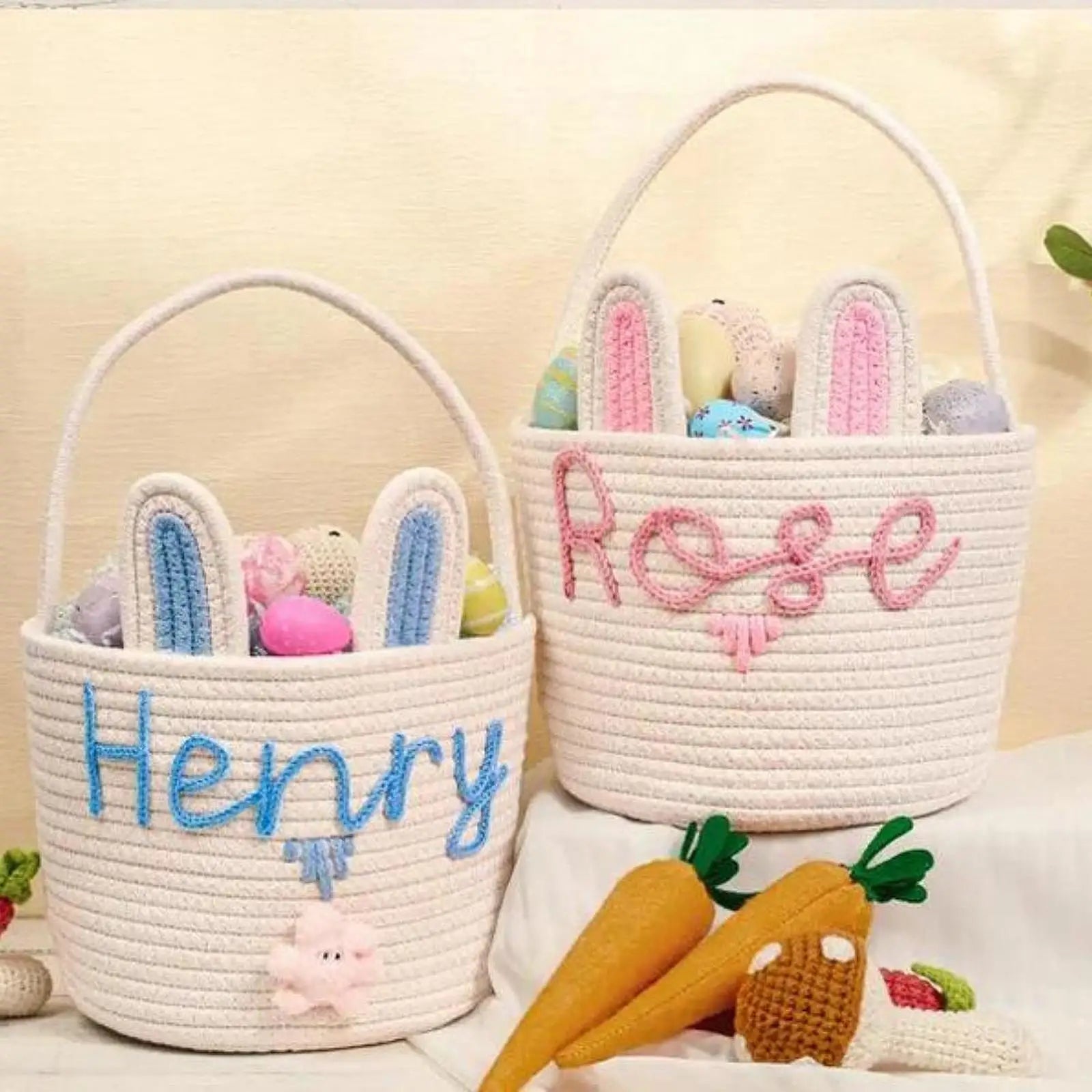 Easter Bunny Basket For Kids Boys Girls Easter Eggs Hunt Basket Reusable Cotton Rope Basket With Rabbit Ears Baby Shower Gifts Zpaxo