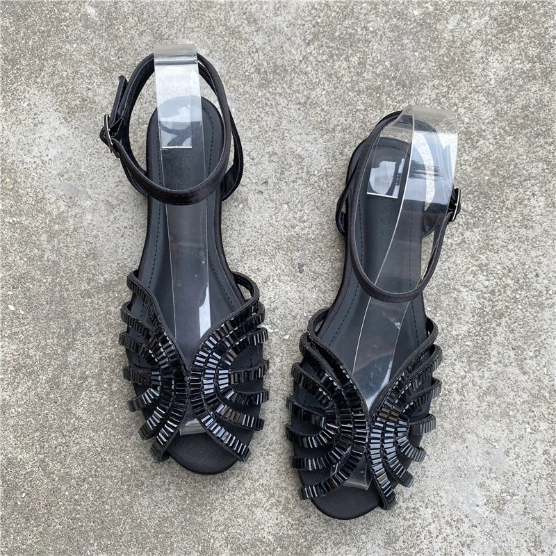 Fashion Roman Sandals Women 2023 Summer New French Gladiator Flat Bottom Rhinestone Black Women Slippers Luxury Sandals Zpaxo