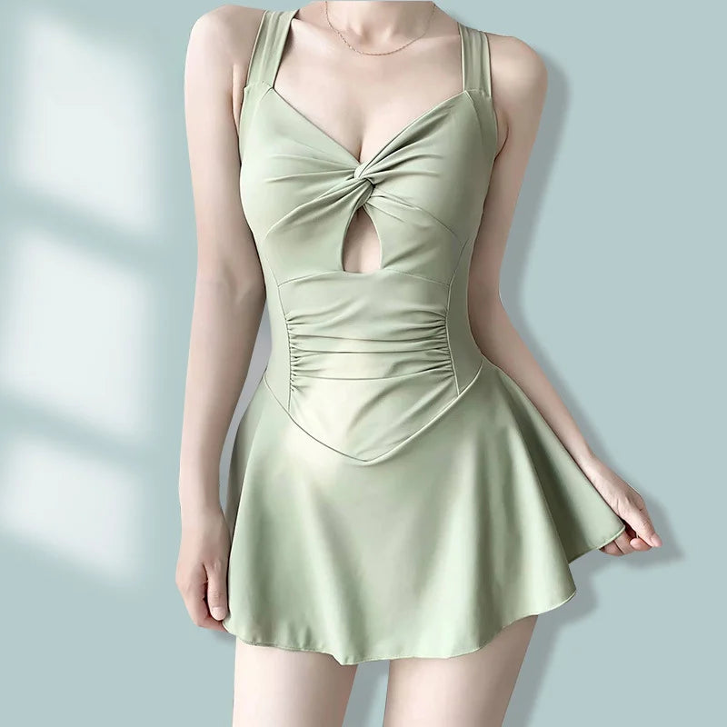 Swimming Suit for Women Solid Color Slimming One-piece Dress Style Conservative Waist Tightening Slimming Vacation Swimsuit Zpaxo A green XL