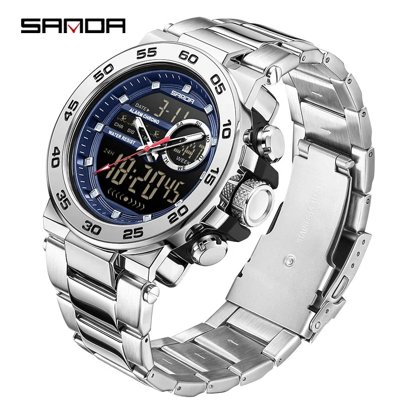 SANDA Fashion Men's Electronic Watches Sports Multifunctional Waterproof Large Dial Three Pin Double Display Men's Wristwatches Zpaxo Silver blue