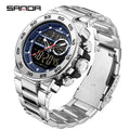 SANDA Fashion Men's Electronic Watches Sports Multifunctional Waterproof Large Dial Three Pin Double Display Men's Wristwatches Zpaxo Silver blue