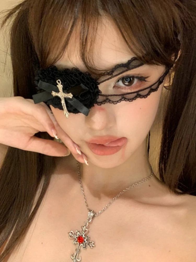 Sweet Edgy Black White Lace Bow Heart Cross Eye Mask Halloween Lolita