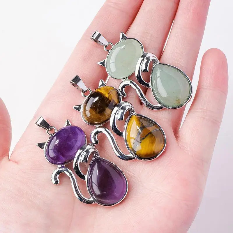 Natural Stone Cat Pendant – Amethyst, Tiger Eye & Crystal Crystal Pendant Necklace Zpaxo
