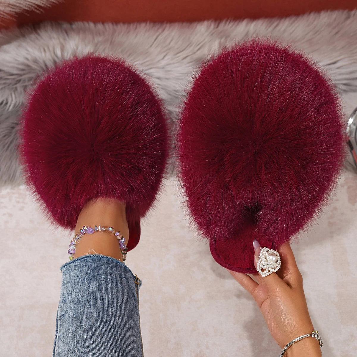 Women Indoor Slippers Autumn Winter Faux Fur Home Shoes Women Soft Sole Fashion Warm Fluffy Slippers Solid Baotou Slides Women Zpaxo wine red 36-37