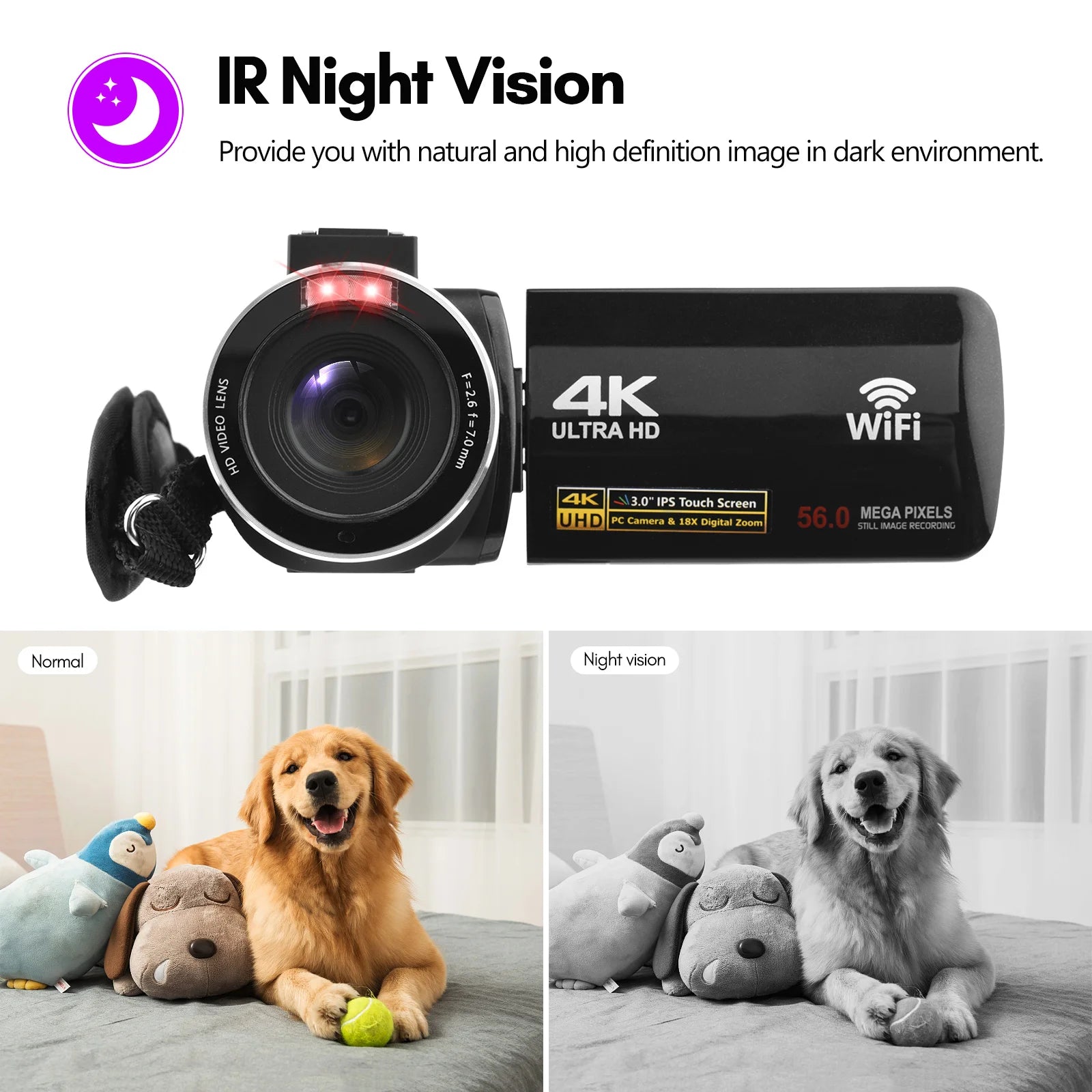 4K Digital Video Camera Wifi Camcorder DV Recorder 56MP 18X Zoom IPS