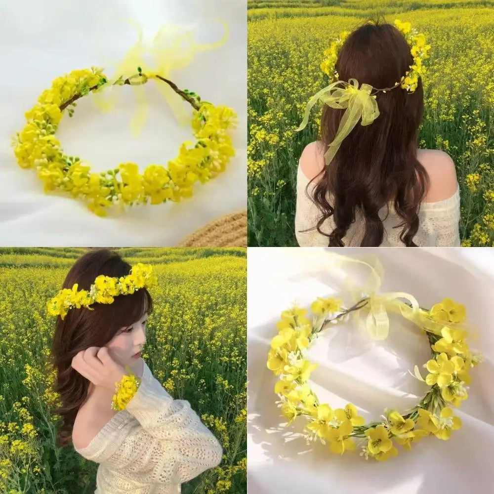 Pastoral Scenic Rapeseed Flower Wreath Flower Garland Bright Cloth Flower Bride Flower Crown Headbands Zpaxo