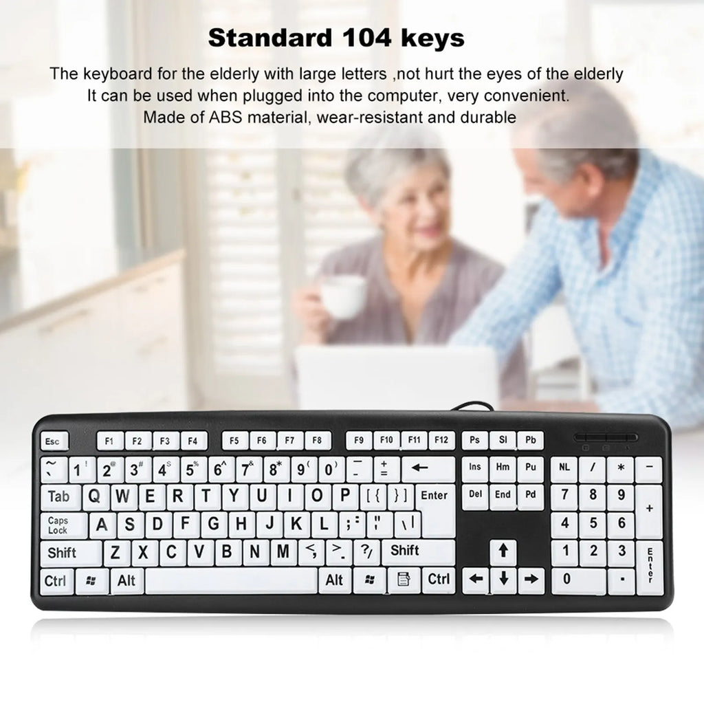 Black Low Vision Keyboard USB Wired Old People White Large Print Keys